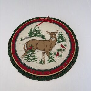 Vintage Doe Deer Christmas Wall Hanging Ruffle Material Wood Hoop Hand Made
